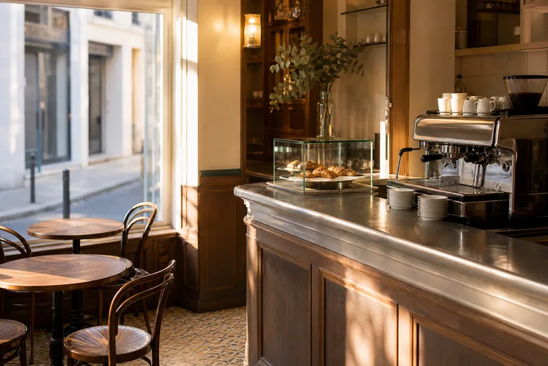 Salle du bar au petit matin : comptoir en zinc, tables rondes et chaises de bistrot